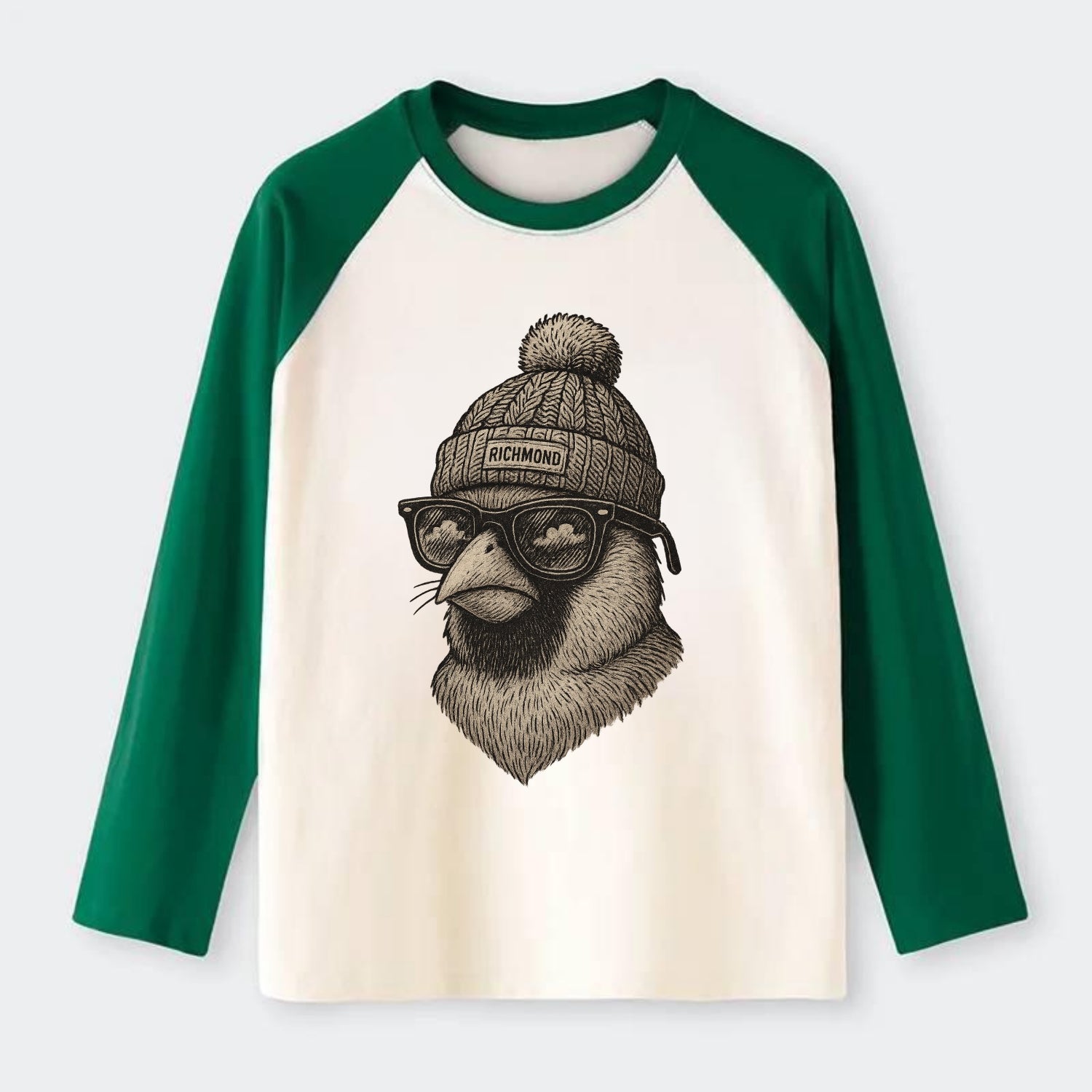 Virginia Cardinal wearing Richmond beanie with pom pom and wayfarer - Raglan Long Sleeve T-Shirt - Green
