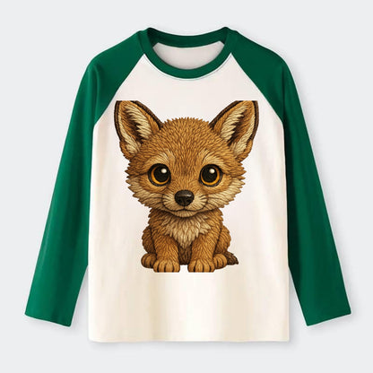 Baby Coyote Pup - tan fur, large ears, golden eyes, front-facing, - Raglan Long Sleeve T-Shirt - Green