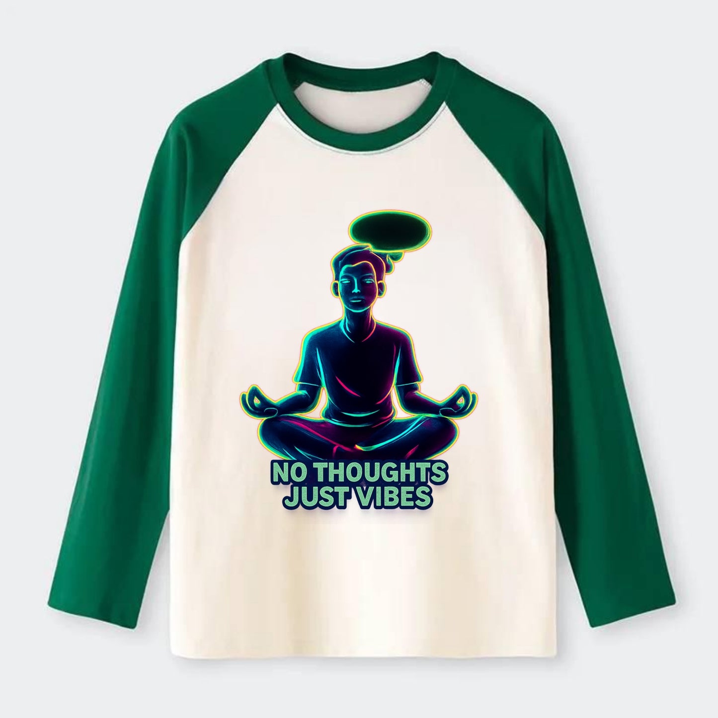 Peaceful floating figure with empty thought bubble - "no thoughts just - Raglan Long Sleeve T-Shirt - Green
