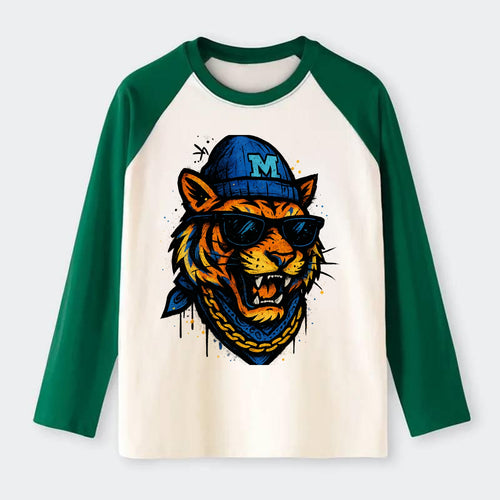 Memphis Tiger wearing Memphis beanie with M patch - Raglan Long Sleeve T-Shirt