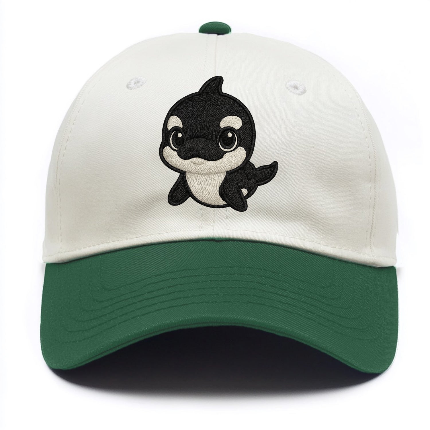 Baby Orca - black and white pattern, white eye patch, front-facing, curious and - Two Tone Cap - Green