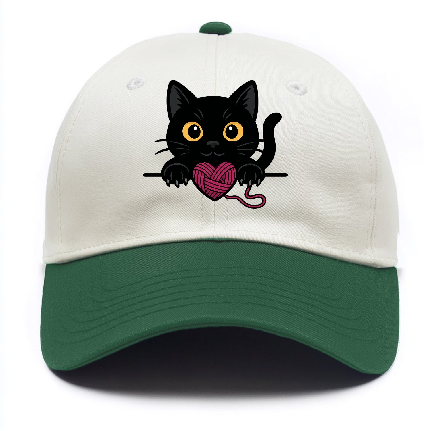 Midnight the black cat stretching tall with claws gently hooked over the edge. - Two Tone Cap - Green