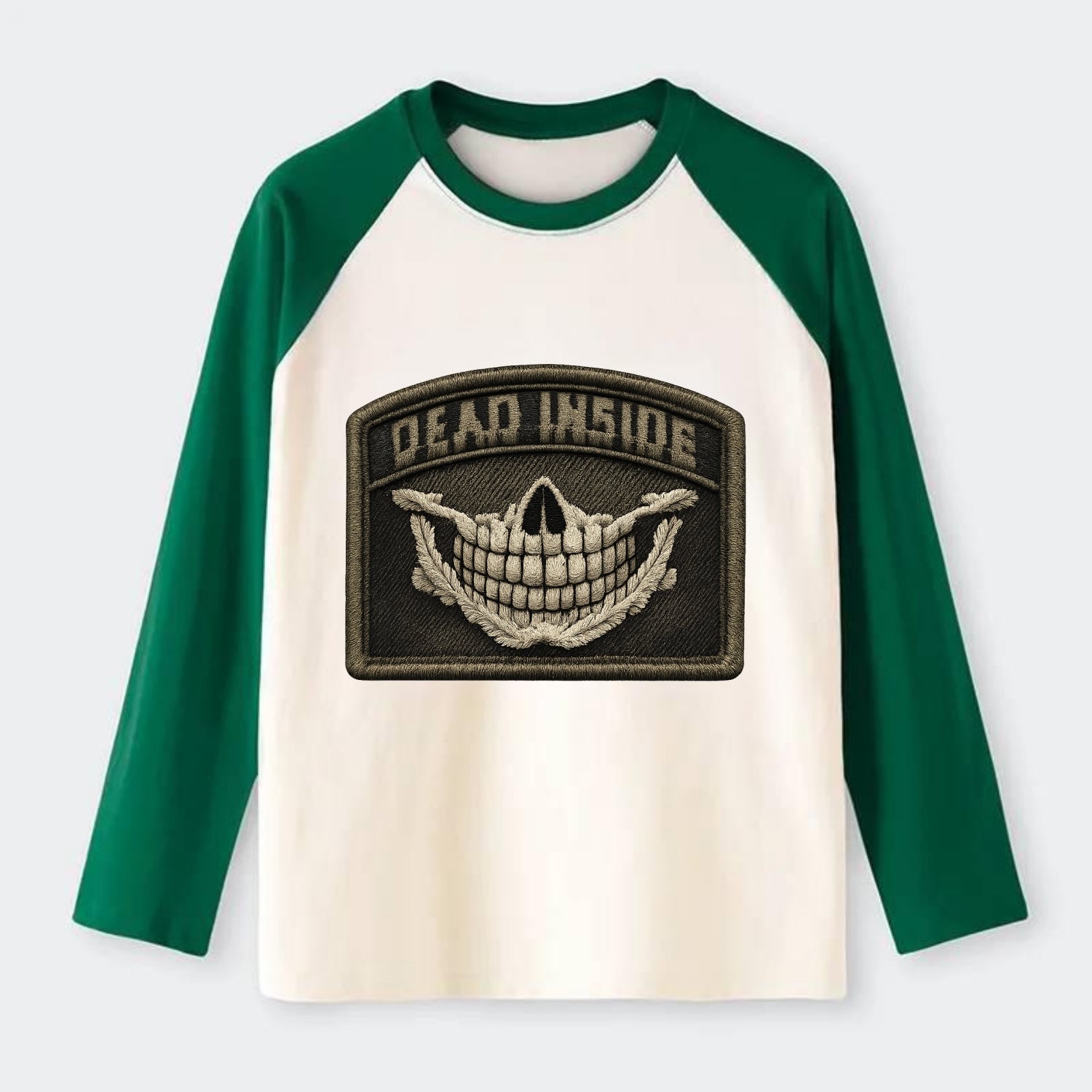 DEAD INSIDE SMILE - skeleton smile in white , dark humor - Raglan Long Sleeve T-Shirt - Green