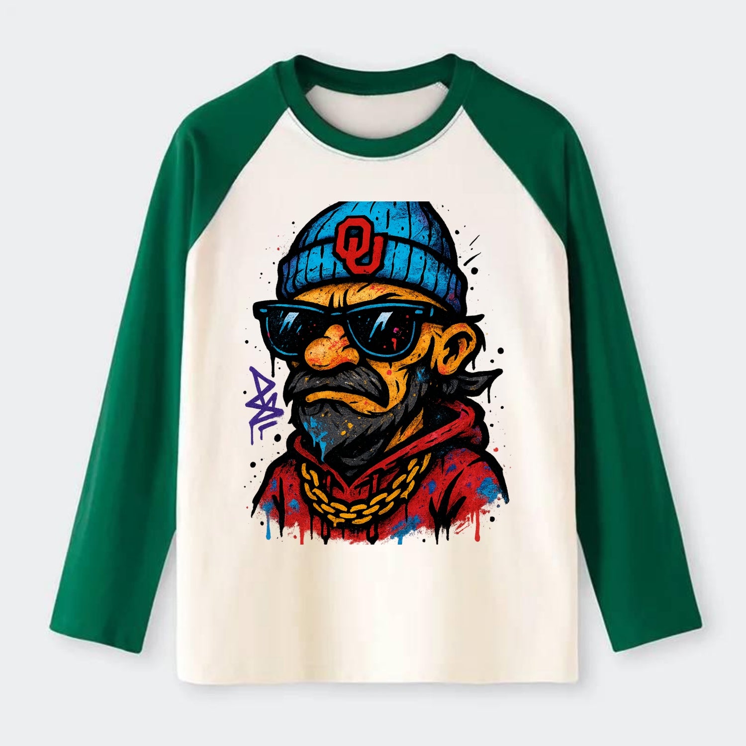 Norman Sooner wearing Oklahoma beanie with OU patch - Raglan Long Sleeve T-Shirt - Green