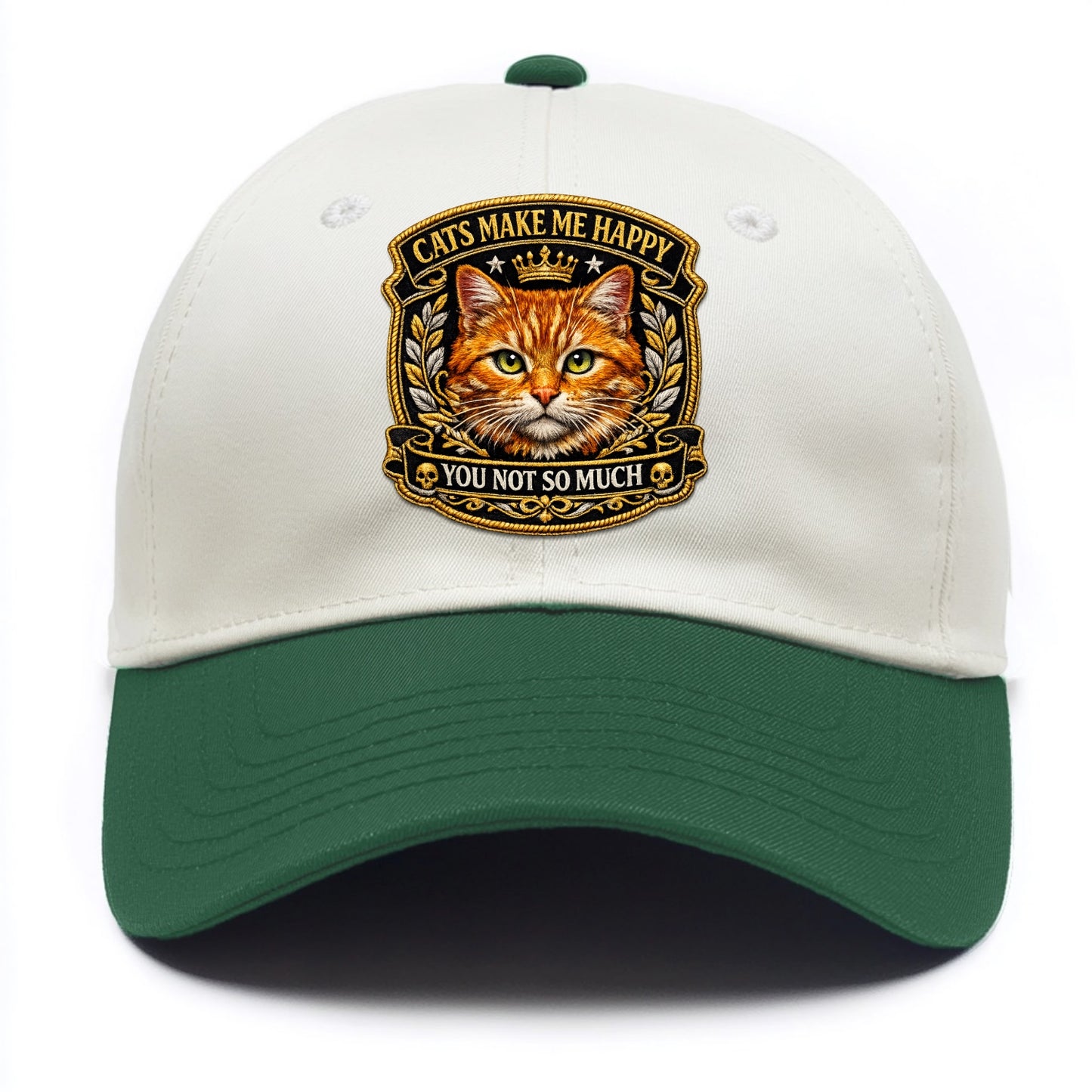 CATS MAKE ME HAPPY YOU NOT SO MUCH - cat face in orange , cat preference - Two Tone Cap - Green