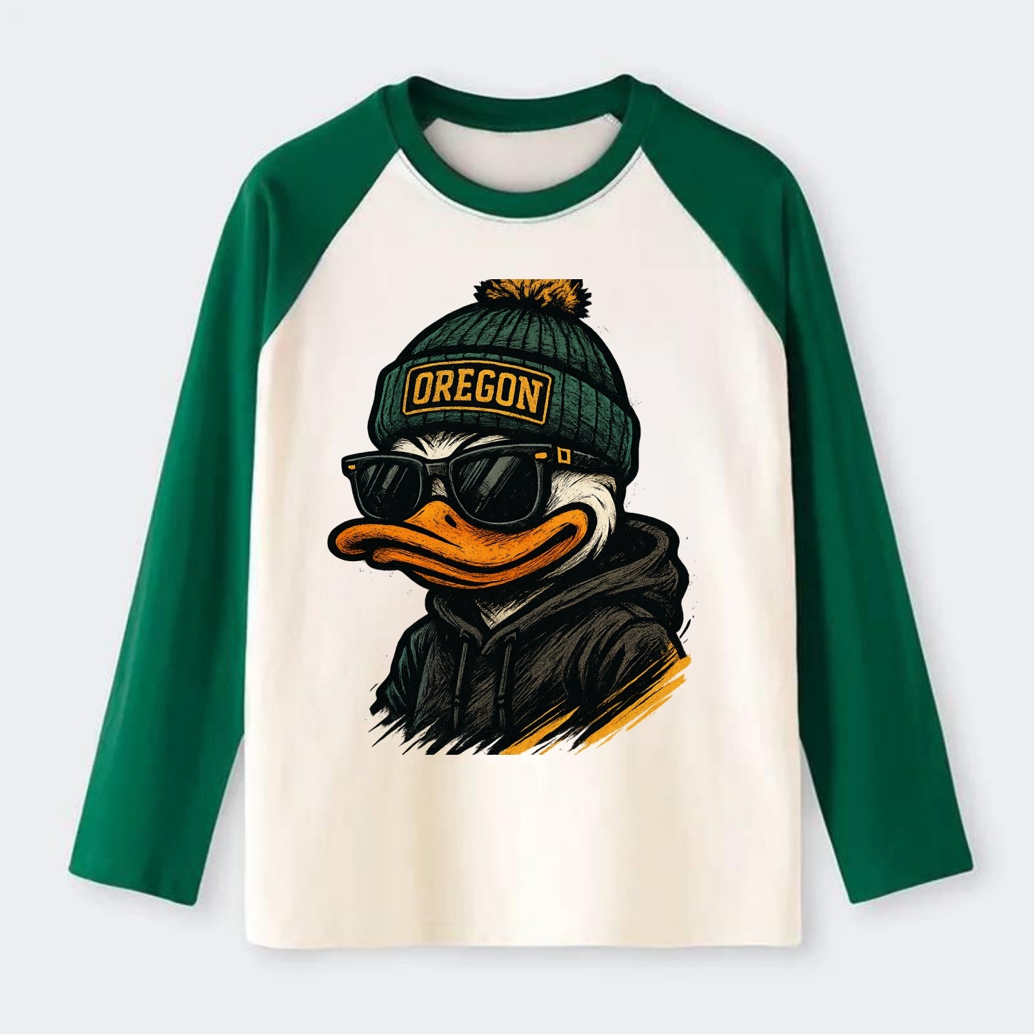 Eugene Duck wearing Oregon beanie with O patch - Raglan Long Sleeve T-Shirt - Green