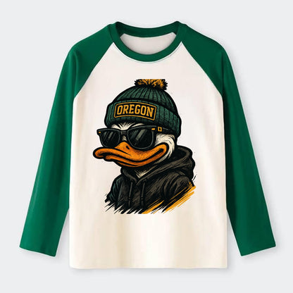 Eugene Duck wearing Oregon beanie with O patch - Raglan Long Sleeve T-Shirt - Green