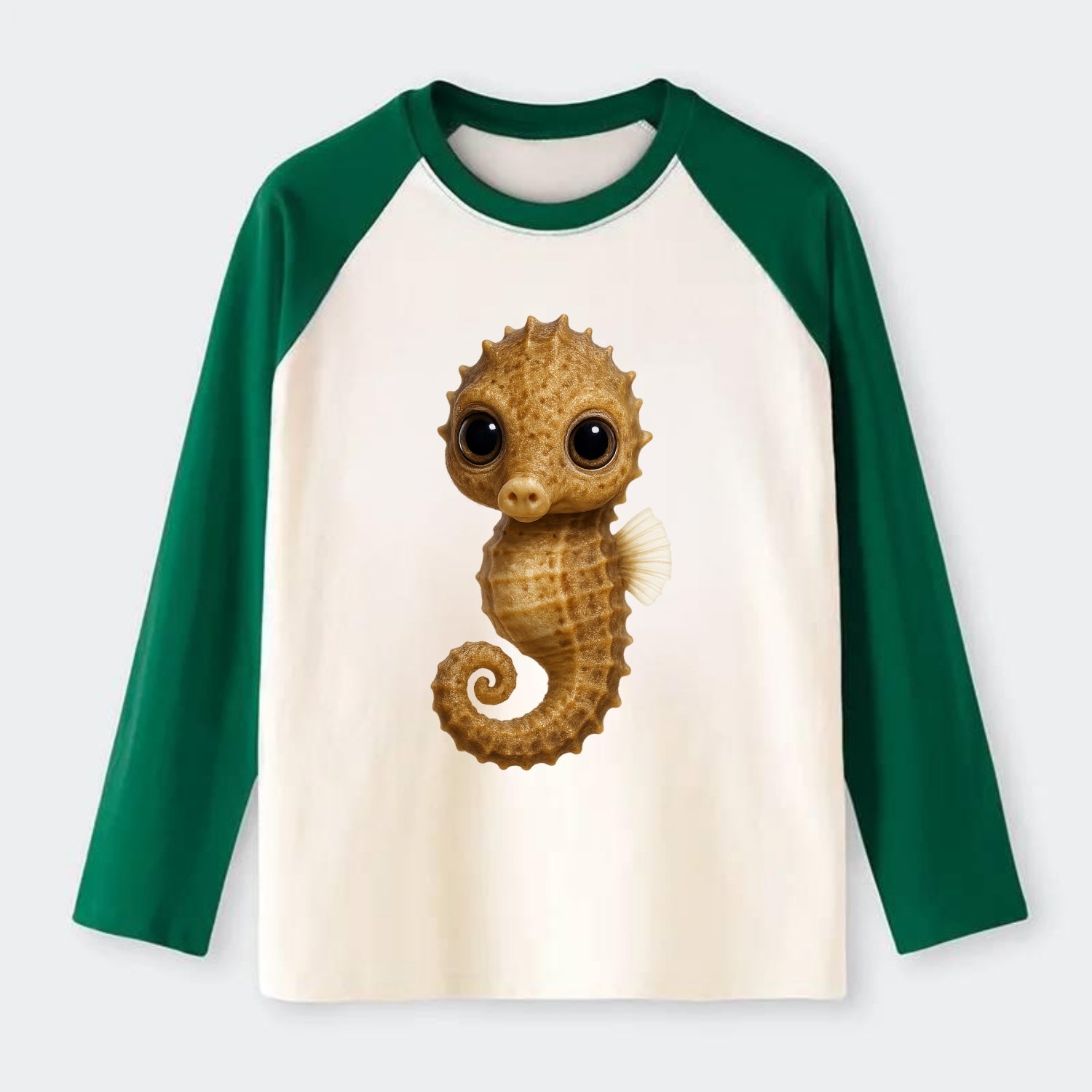 Baby Seahorse - curled tail, snout, large eyes, front-facing, delicate - Raglan Long Sleeve T-Shirt - Green