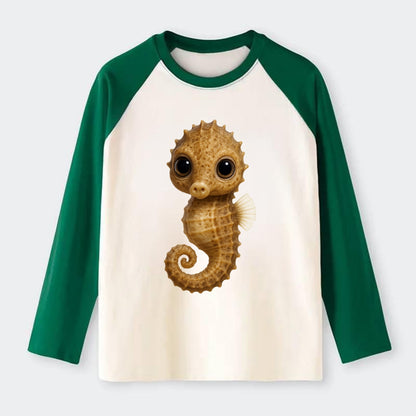 Baby Seahorse - curled tail, snout, large eyes, front-facing, delicate - Raglan Long Sleeve T-Shirt - Green