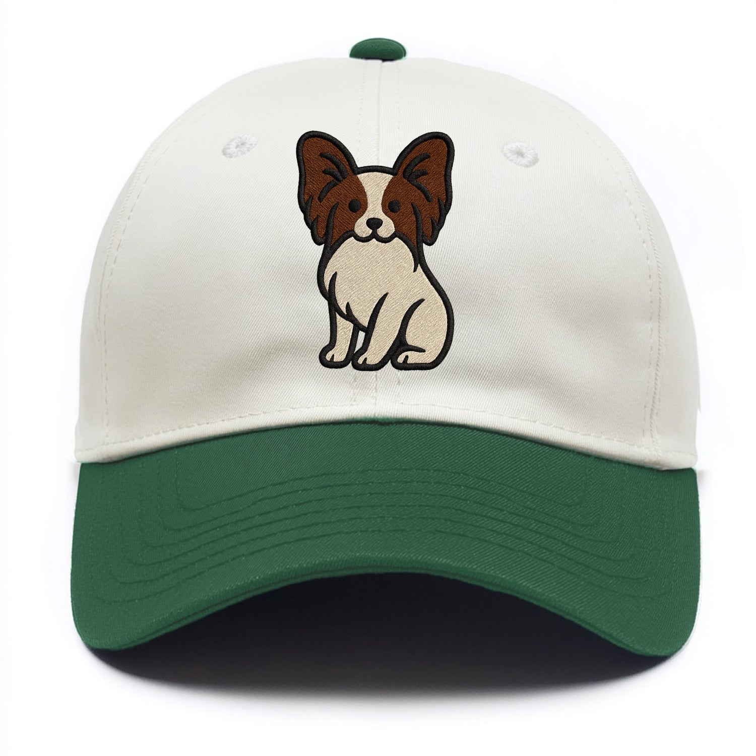 Papillon - White with brown ears sitting Two Tone Cap - Green
