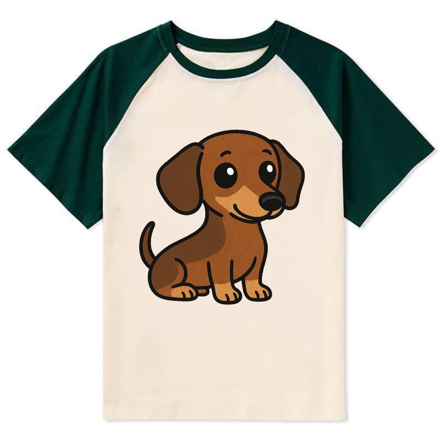 Dachshund - Long body profile view - Contrast Raglan T-shirt - Green