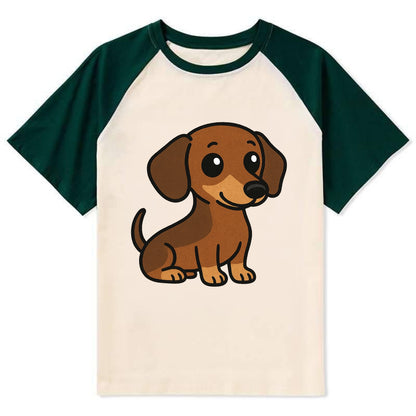 Dachshund - Long body profile view - Contrast Raglan T-shirt - Green