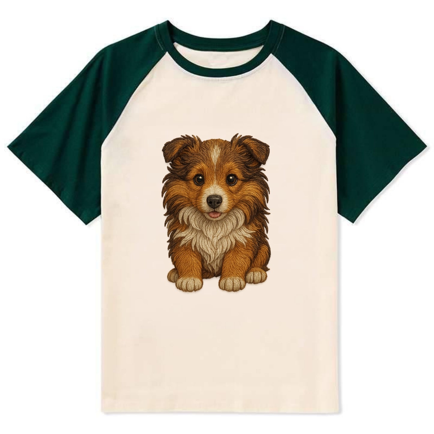 Baby Shetland Sheepdog Puppy - mini collie look, flowing mane, - Contrast Raglan T-shirt - Green