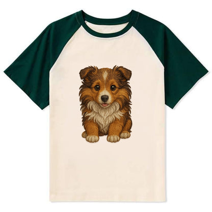 Baby Shetland Sheepdog Puppy - mini collie look, flowing mane, - Contrast Raglan T-shirt - Green