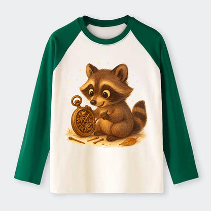 Raccoon tinkering with a steampunk pocket watch using tiny brass tools - Raglan Long Sleeve T-Shirt - Green