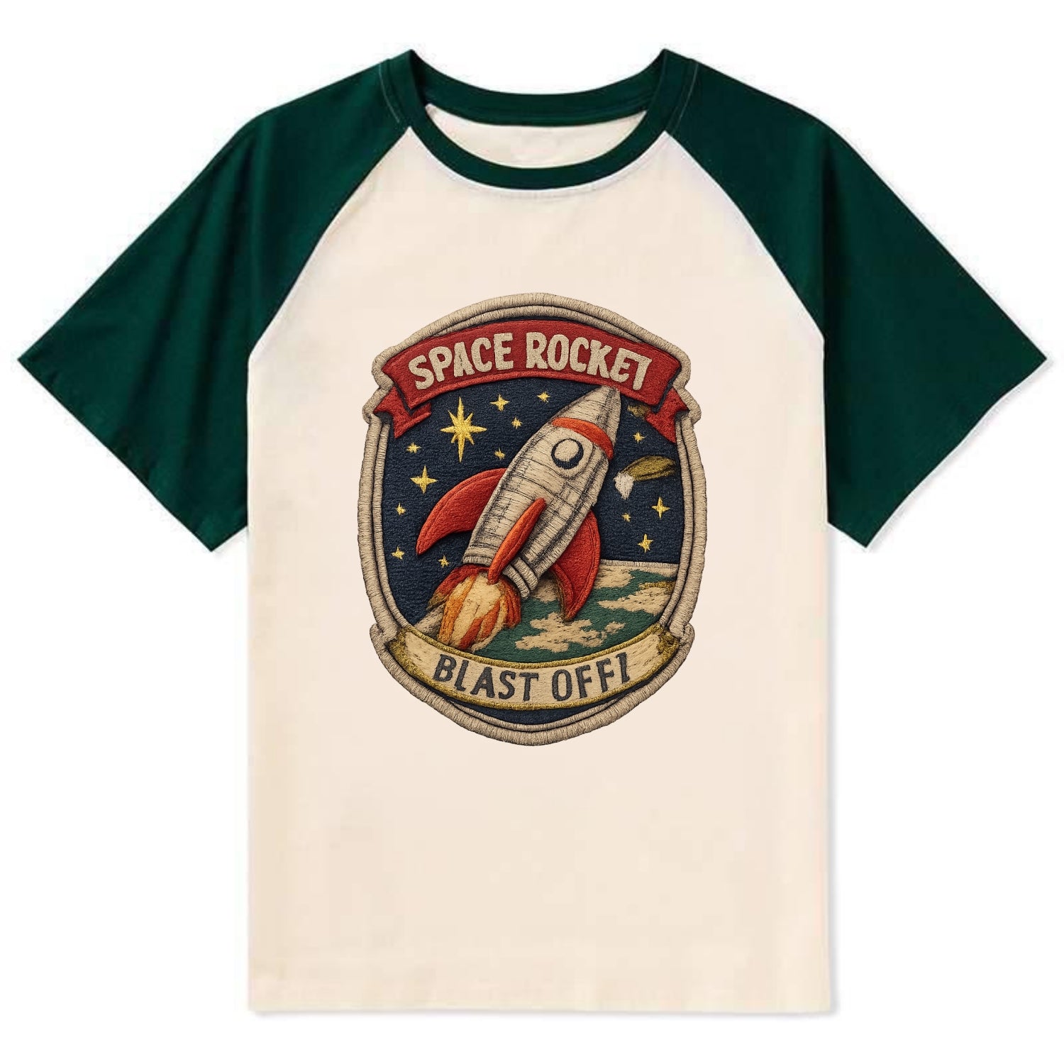 RETRO ROCKET - 1950s space rocket in silver and red , atomic age - Contrast Raglan T-shirt - Green