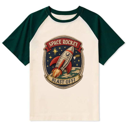 RETRO ROCKET - 1950s space rocket in silver and red , atomic age - Contrast Raglan T-shirt