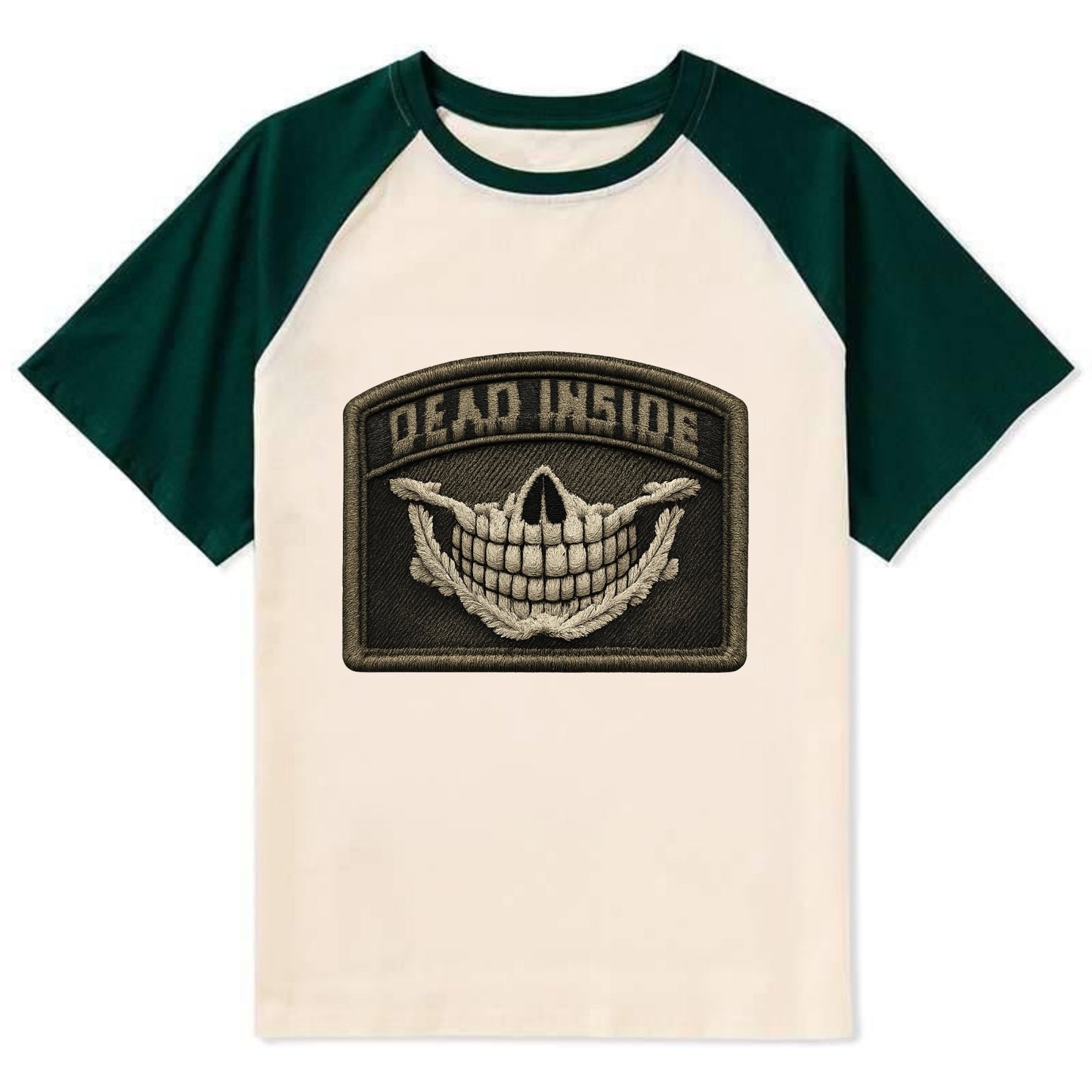 DEAD INSIDE SMILE - skeleton smile in white , dark humor - Contrast Raglan T-shirt - Green