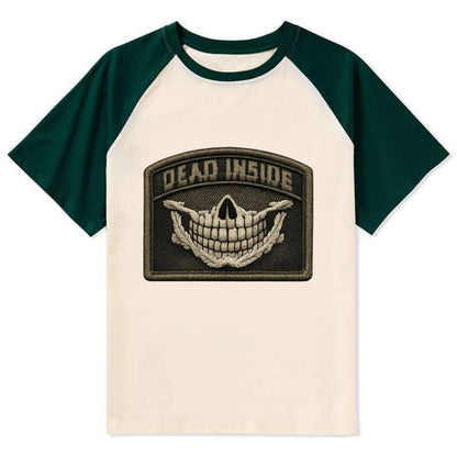 DEAD INSIDE SMILE - skeleton smile in white , dark humor - Contrast Raglan T-shirt - Green