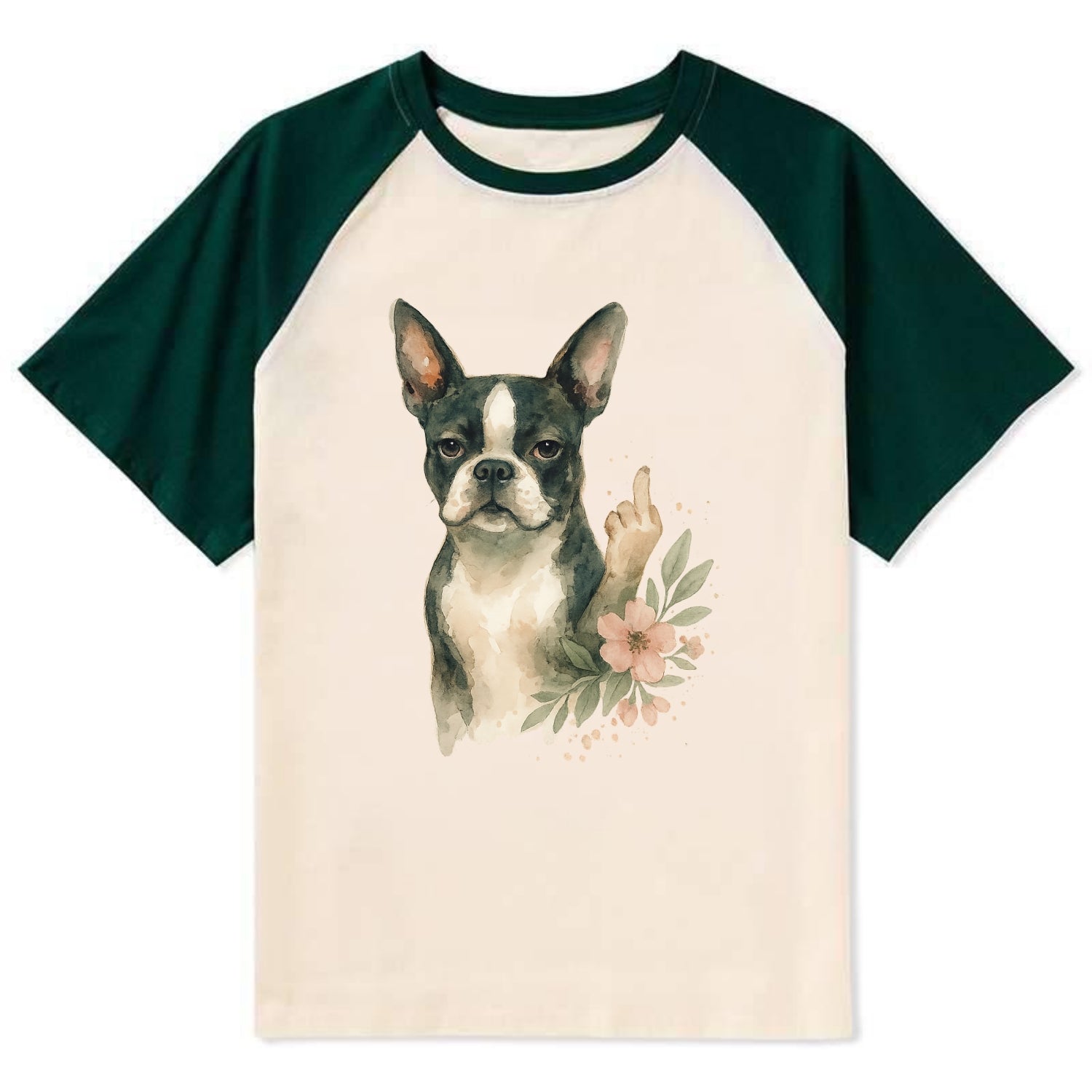 Boston Terrier with tuxedo markings, perky ears, paw up giving sass - Contrast Raglan T-shirt - Green