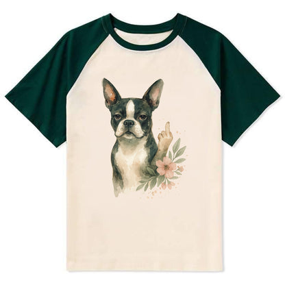 Boston Terrier with tuxedo markings, perky ears, paw up giving sass - Contrast Raglan T-shirt - Green