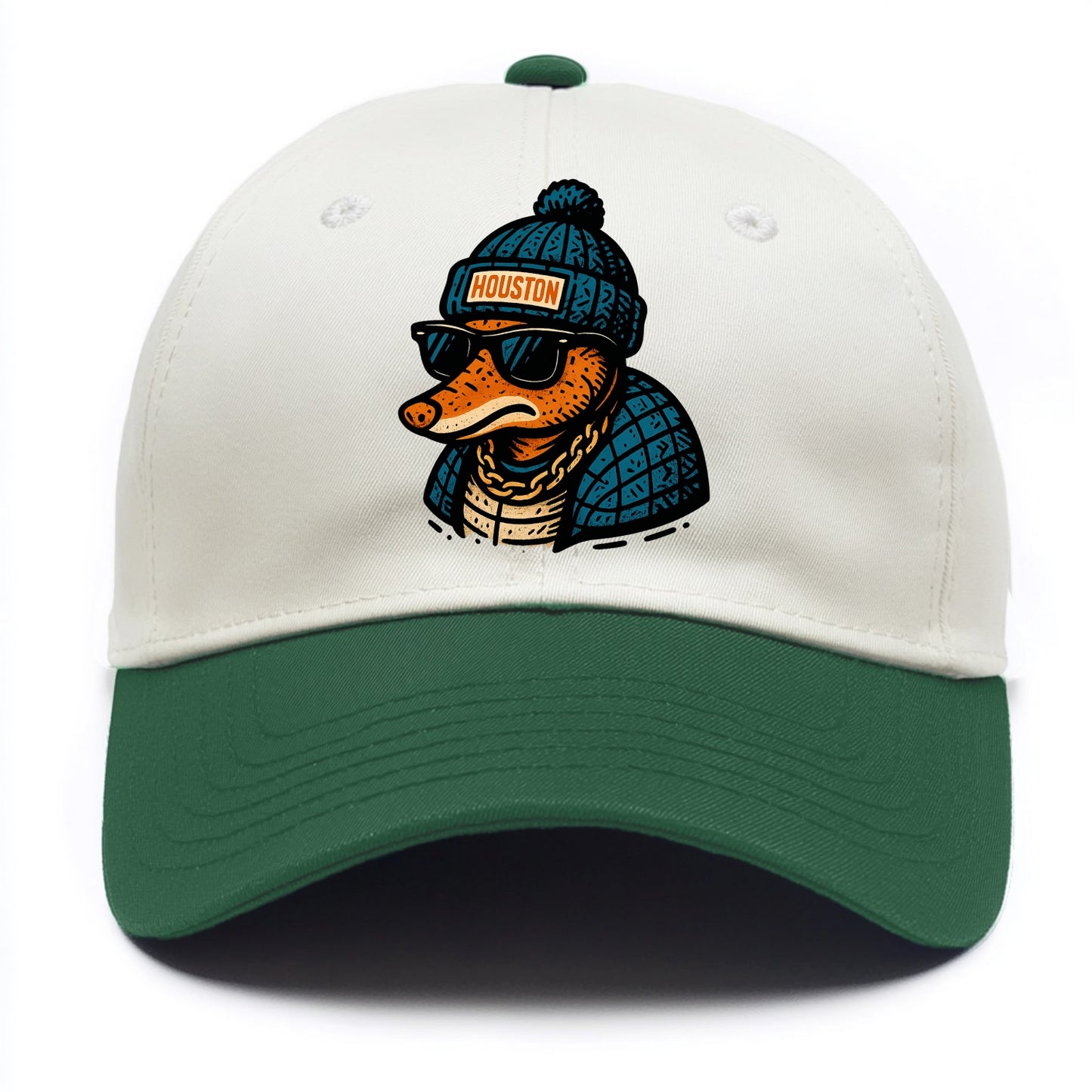 Houston Armadillo wearing Houston beanie with pom pom and wayfarer sunglasses - Two Tone Cap - Green