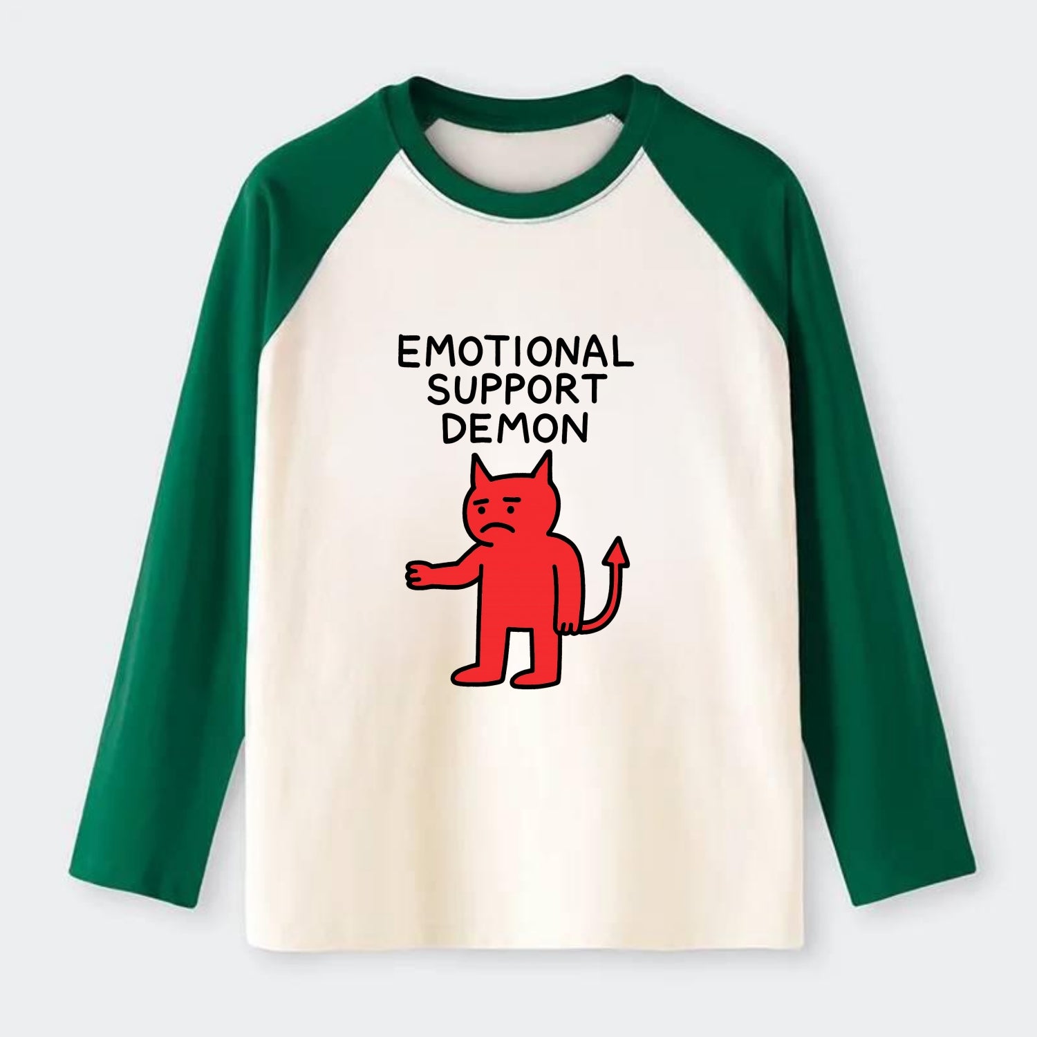 EMOTIONAL SUPPORT DEMON | Devil caring reluctantly - Raglan Long Sleeve T-Shirt - Green
