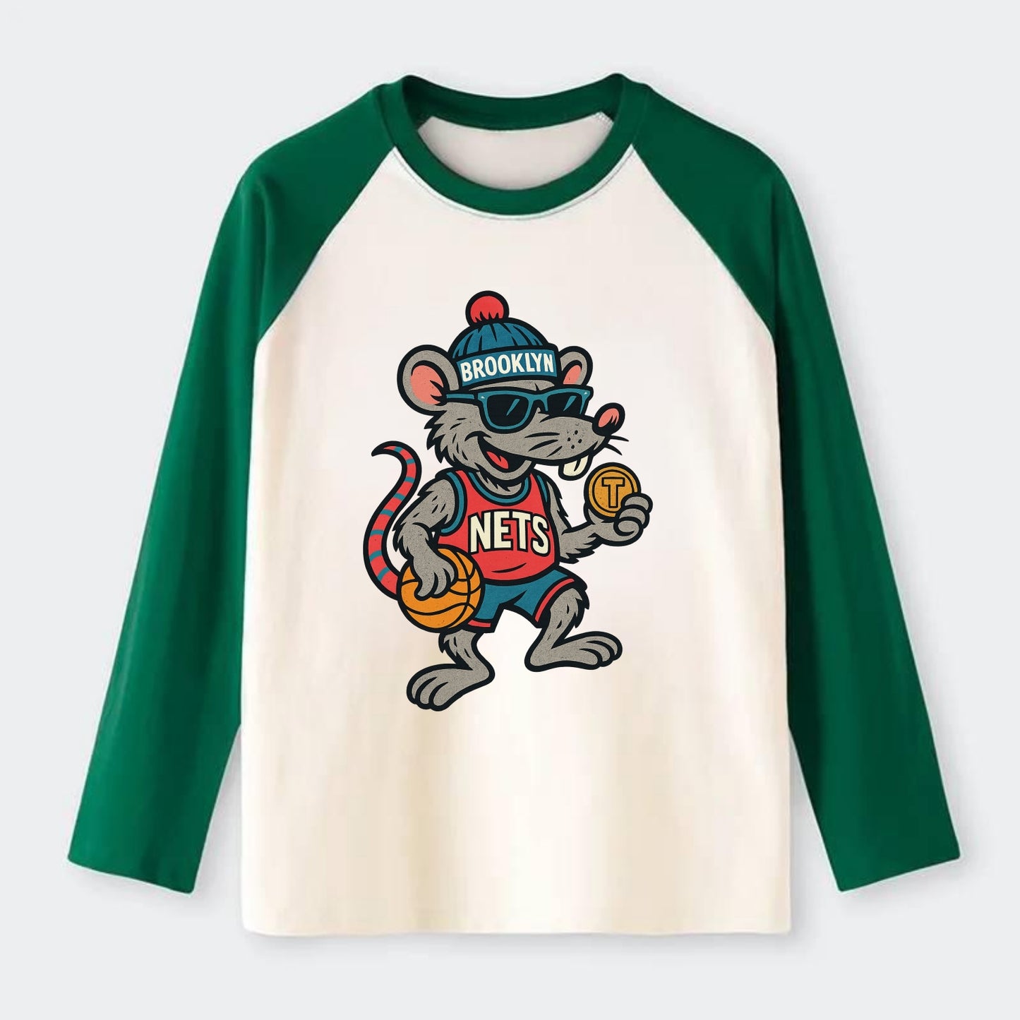 Brooklyn Rat wearing Nets beanie with subway token and wayfarer - Raglan Long Sleeve T-Shirt - Green