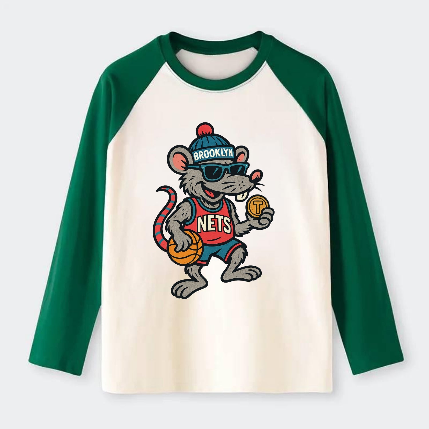 Brooklyn Rat wearing Nets beanie with subway token and wayfarer - Raglan Long Sleeve T-Shirt - Green