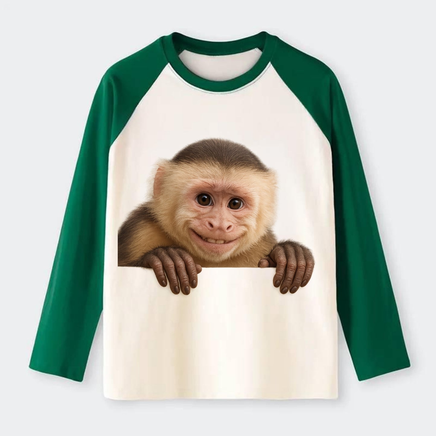 Capuchin Monkey  - Raglan Long Sleeve T-Shirt - Green