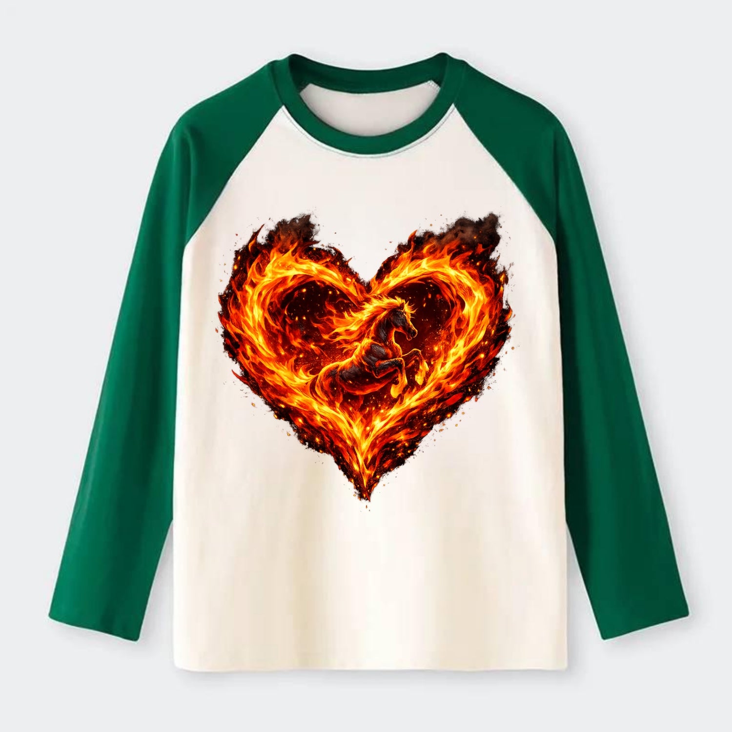 HEART OF FIRE | Flaming heart with horse silhouette inside | Passion - Raglan Long Sleeve T-Shirt - Green