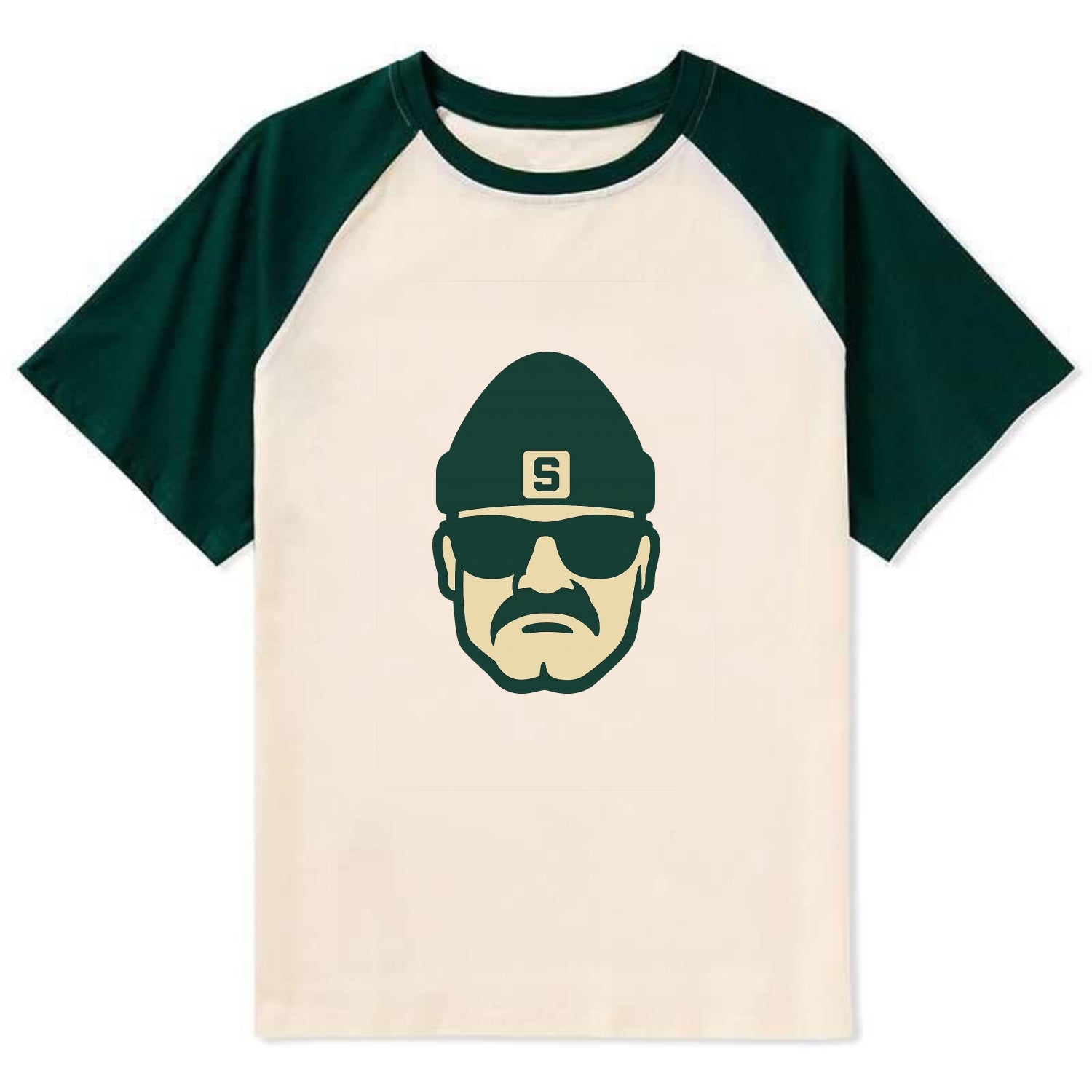 East Lansing Spartan wearing Michigan State beanie with S patch - Contrast Raglan T-shirt - Green