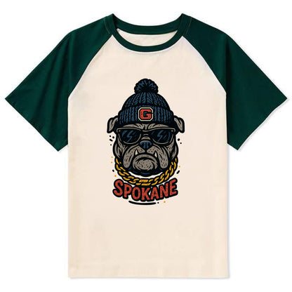 Spokane Bulldog wearing Gonzaga beanie with G patch - Contrast Raglan T-shirt - Green