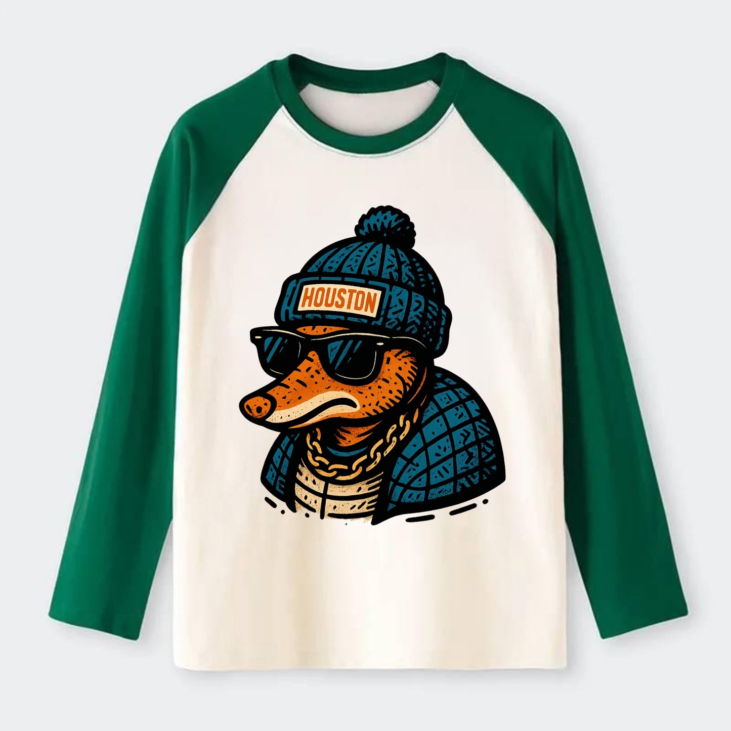 Houston Armadillo wearing Houston beanie with pom pom and wayfarer - Raglan Long Sleeve T-Shirt - Green