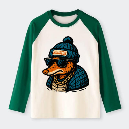 Houston Armadillo wearing Houston beanie with pom pom and wayfarer - Raglan Long Sleeve T-Shirt - Green