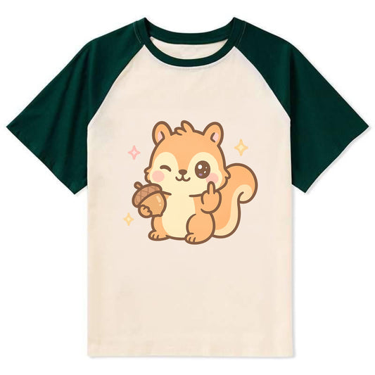 sweet squirrel holding acorn in one paw, flipping off with the other - Contrast Raglan T-shirt - Green