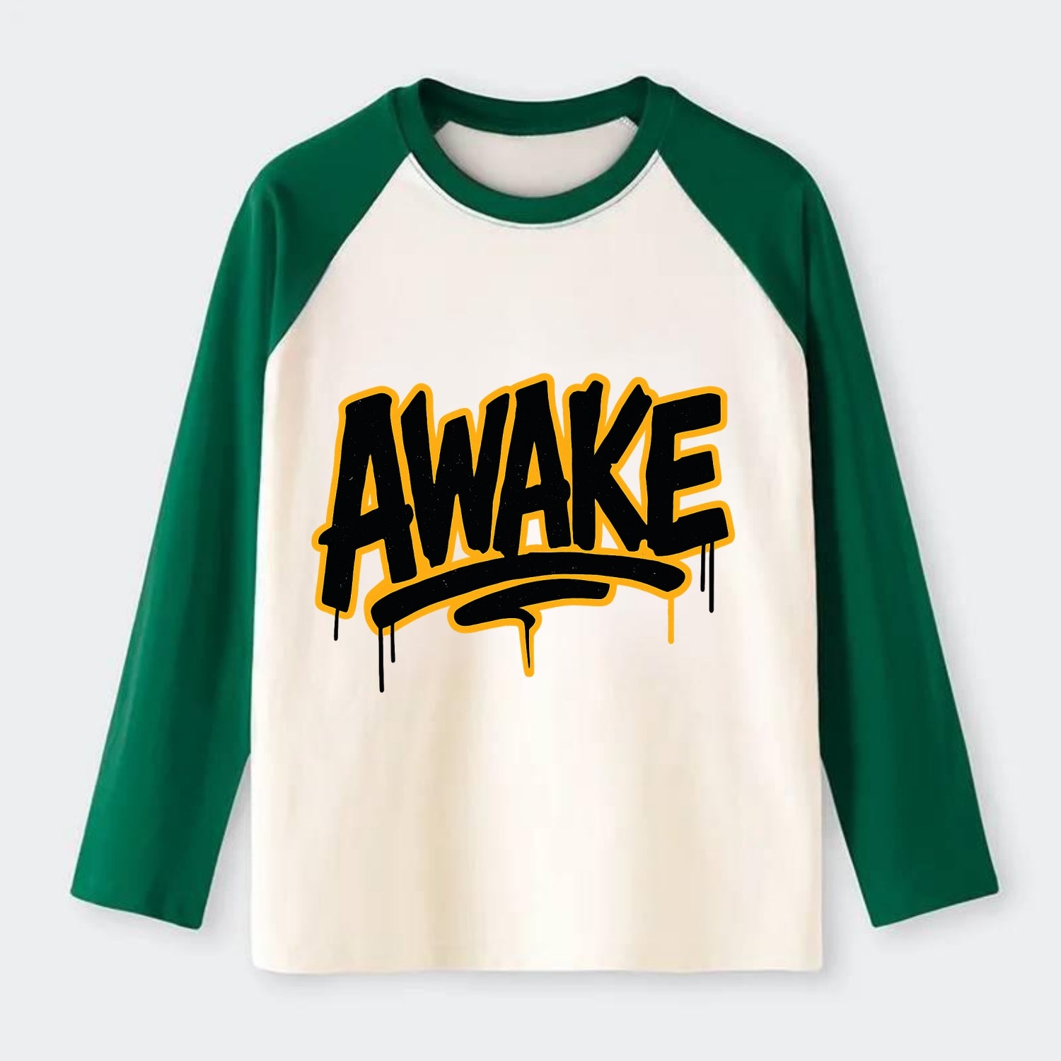 Bold typography design - "AWAKE" - conscious, aware, alert - Raglan Long Sleeve T-Shirt - Green