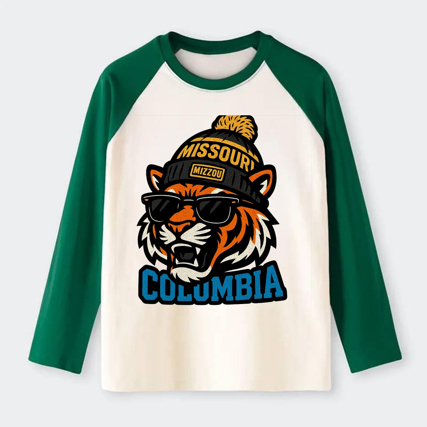 Columbia Tiger wearing Missouri beanie with Mizzou patch - Raglan Long Sleeve T-Shirt - Green