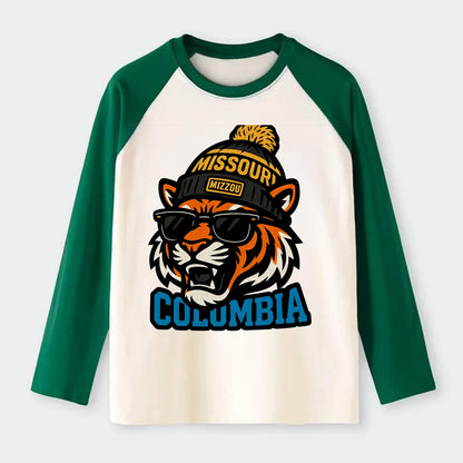 Columbia Tiger wearing Missouri beanie with Mizzou patch - Raglan Long Sleeve T-Shirt - Green