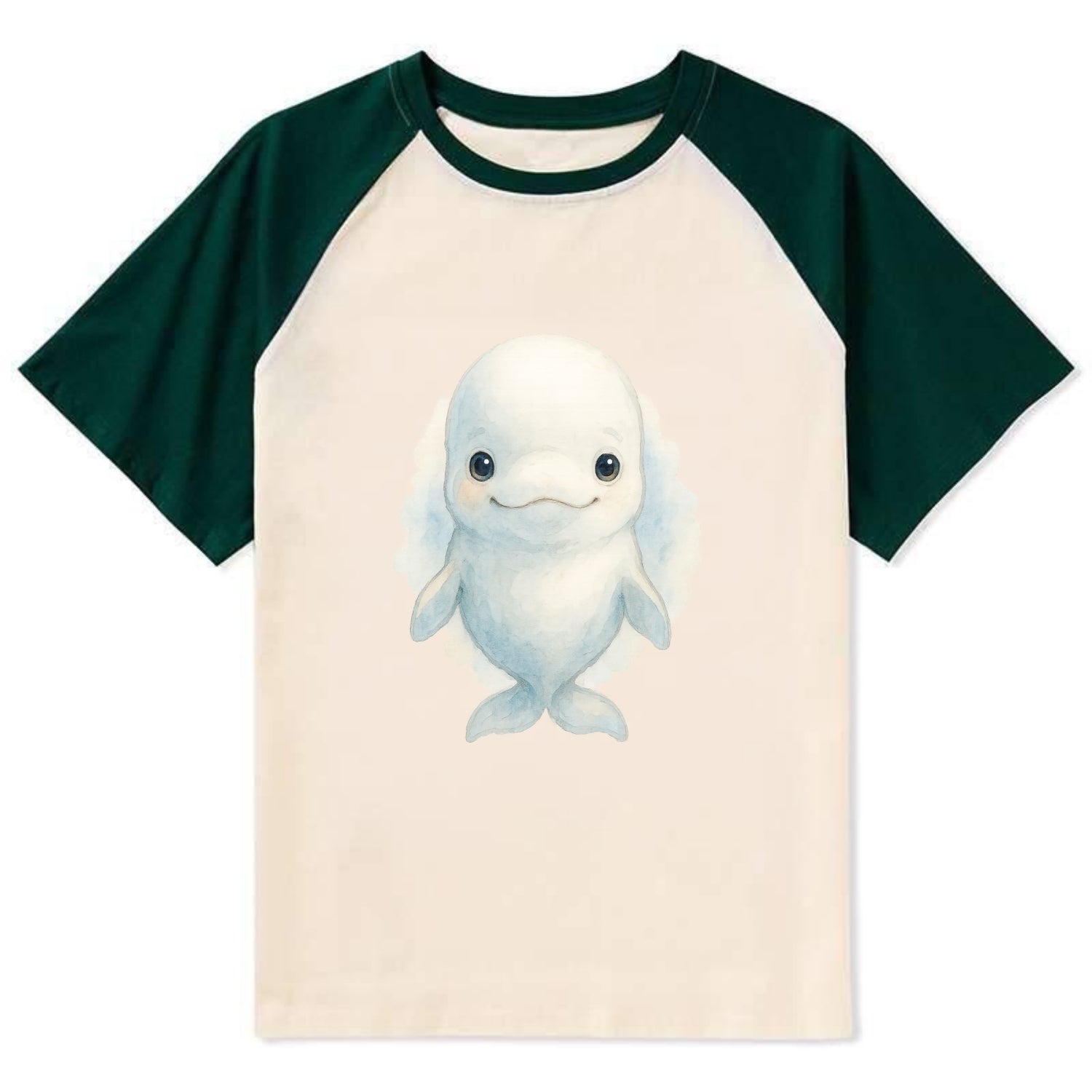 Baby Beluga Whale - pure white, rounded forehead, small eyes with big - Contrast Raglan T-shirt - Green