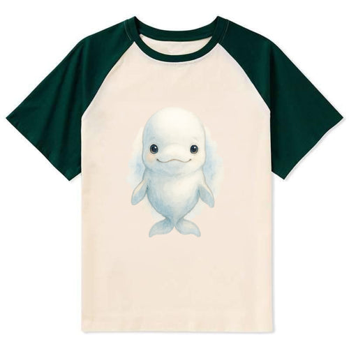 Baby Beluga Whale - pure white, rounded forehead, small eyes with big - Contrast Raglan T-shirt