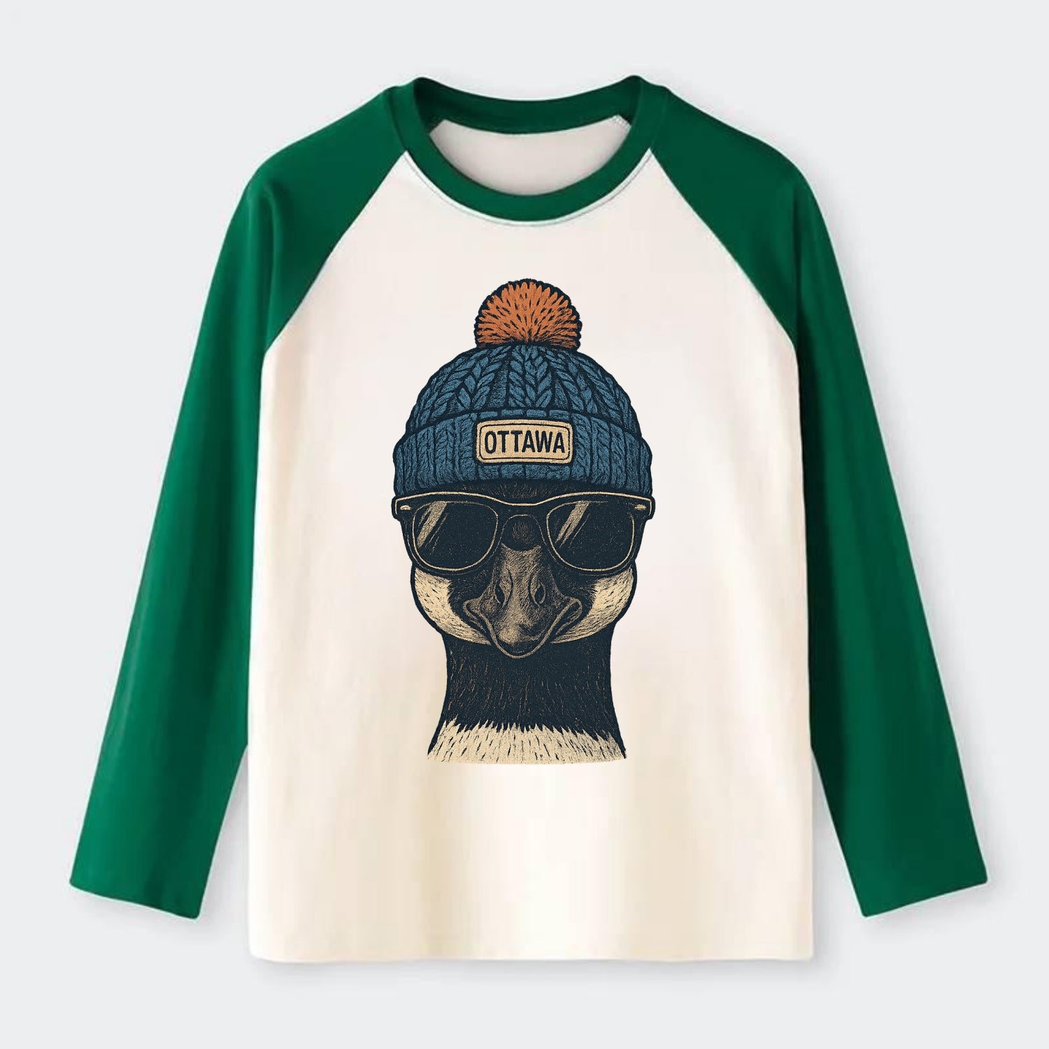 Ottawa Canadian Goose wearing Ottawa bea - Raglan Long Sleeve T-Shirt - Green