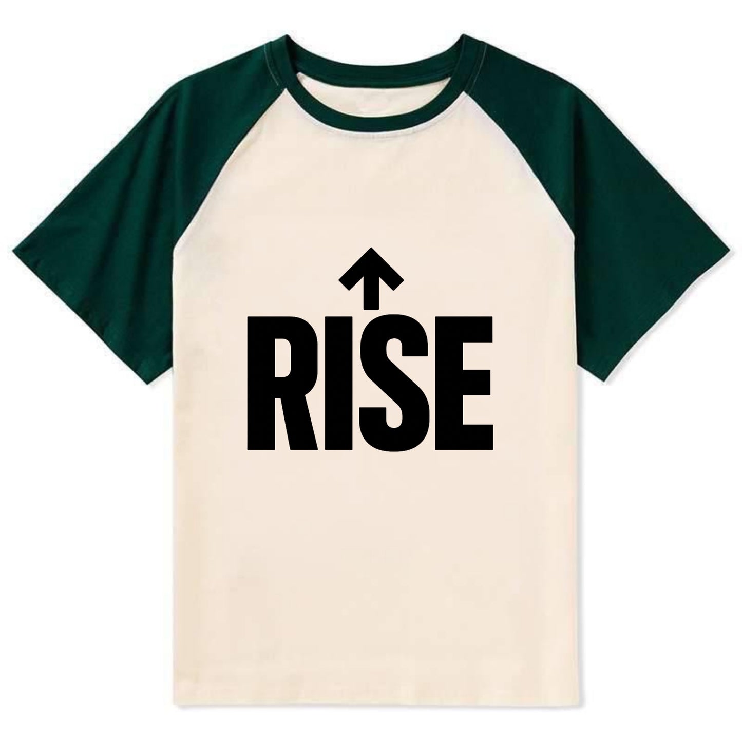 Bold typography design - "RISE" - getting up, ascending, elevating - Contrast Raglan T-shirt - Green