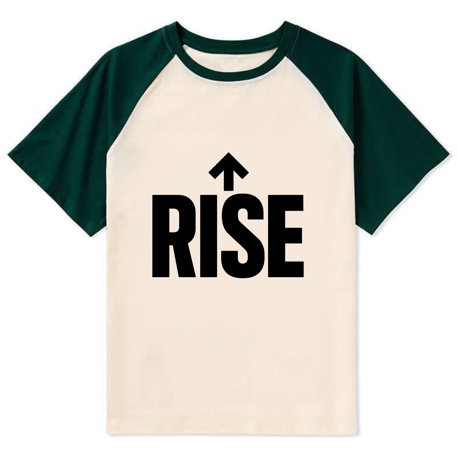 Bold typography design - "RISE" - getting up, ascending, elevating - Contrast Raglan T-shirt - Green