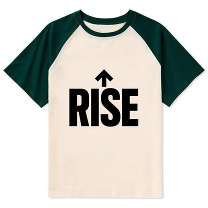 Bold typography design - "RISE" - getting up, ascending, elevating - Contrast Raglan T-shirt - Green