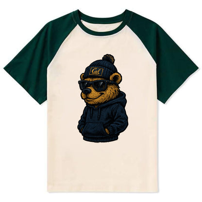 Berkeley Bear wearing Cal beanie with script patch - Contrast Raglan T-shirt - Green