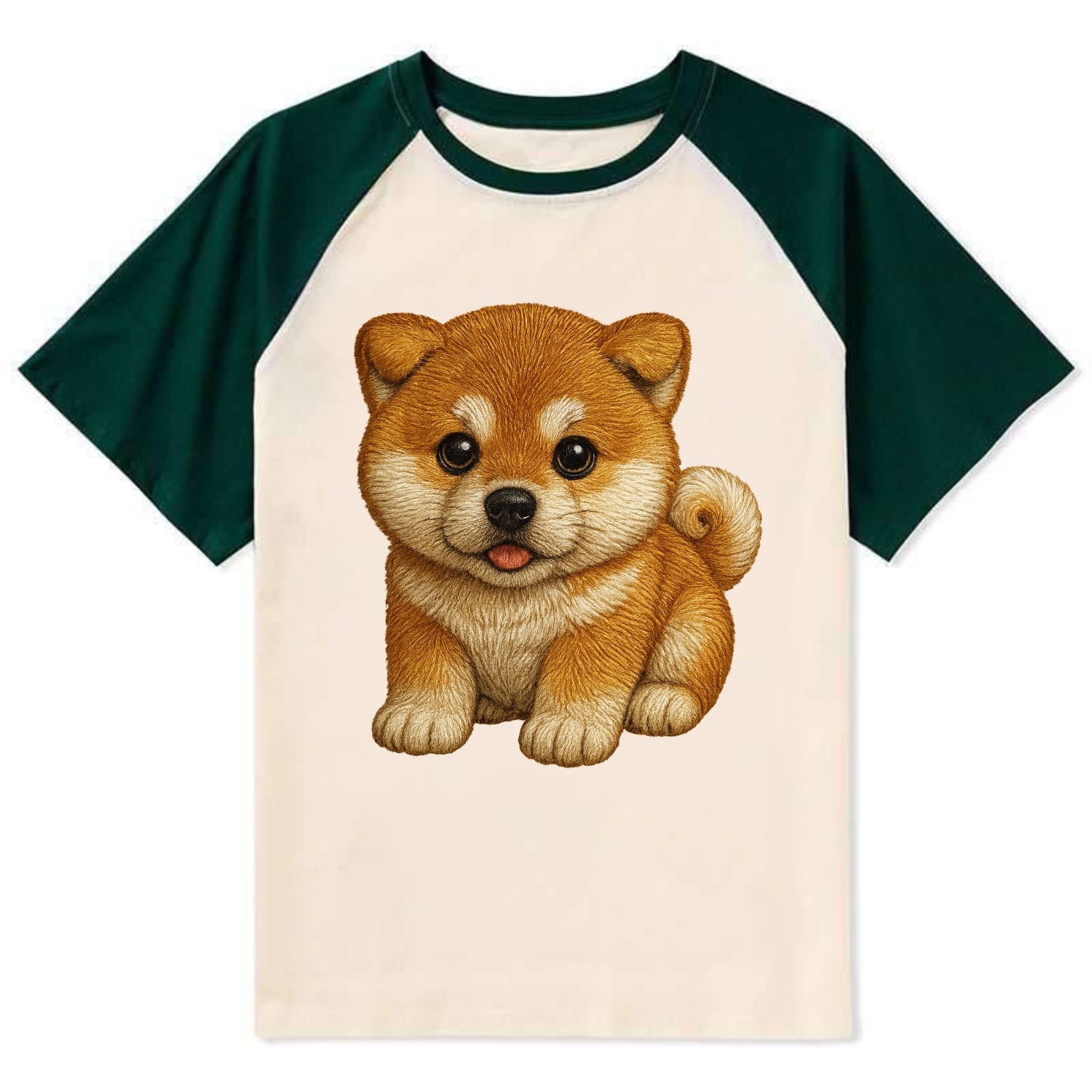 Baby Akita Puppy - fluffy bear-like, curled tail, dignified eyes, - Contrast Raglan T-shirt - Green