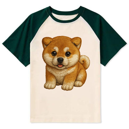 Baby Akita Puppy - fluffy bear-like, curled tail, dignified eyes, - Contrast Raglan T-shirt - Green