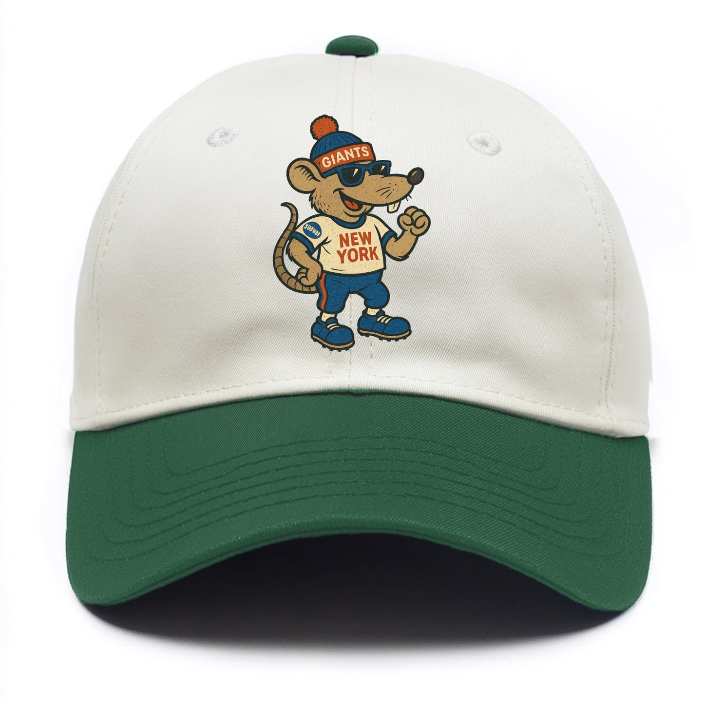 New York Rat wearing Giants beanie with subway patch and wayfarer sunglasses - Two Tone Cap - Green