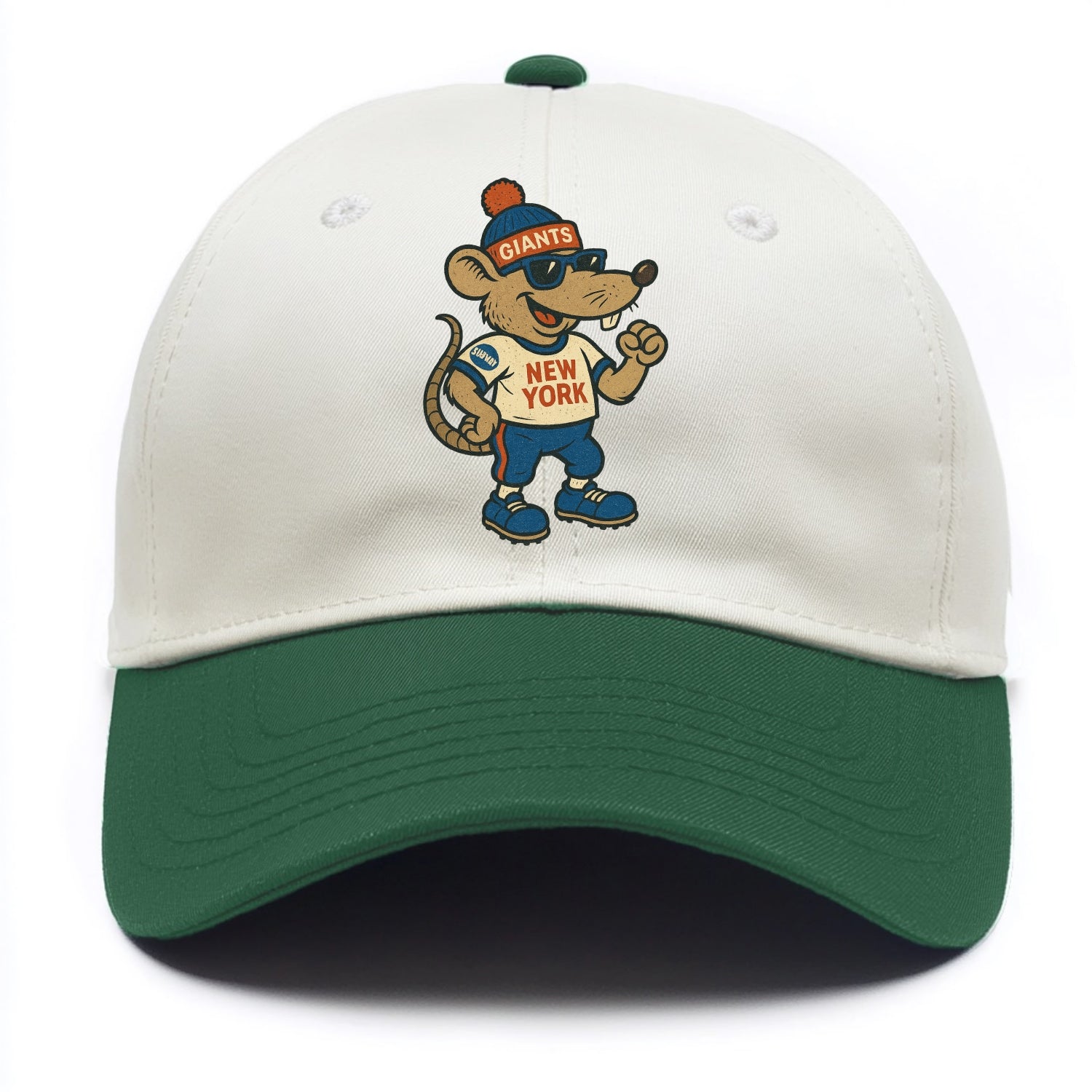 New York Rat wearing Giants beanie with subway patch and wayfarer sunglasses - Two Tone Cap - Green